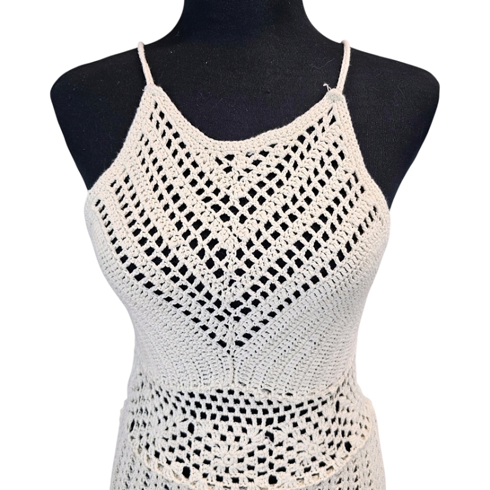 Forever 21 Ivory Crochet Knit Midi Dress Small Boho Chic Resort Beach Cover Up - Picture 7 of 12